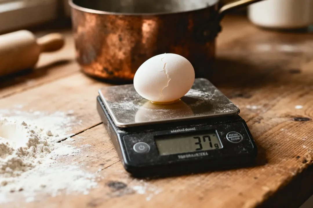 Œuf fissuré sur balance, illustrant combien pèse un blanc d'œuf dans la cuisine