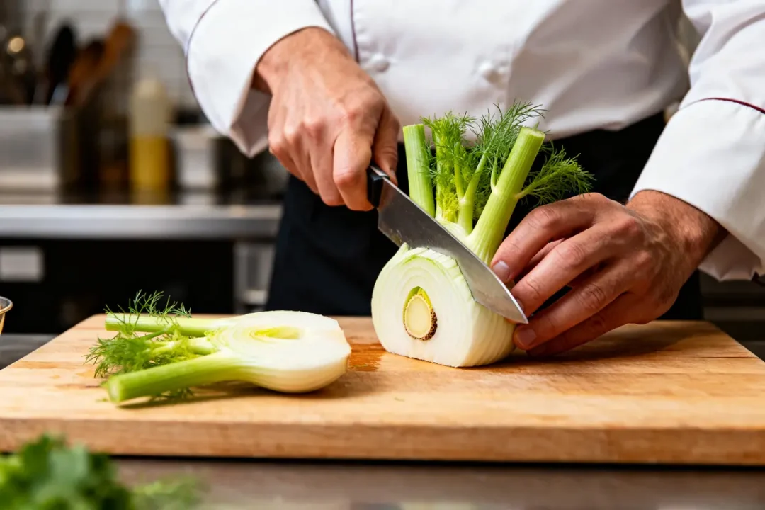 Chef coupant un fenouil sur planche en cuisine comment couper un fenouil efficacement
