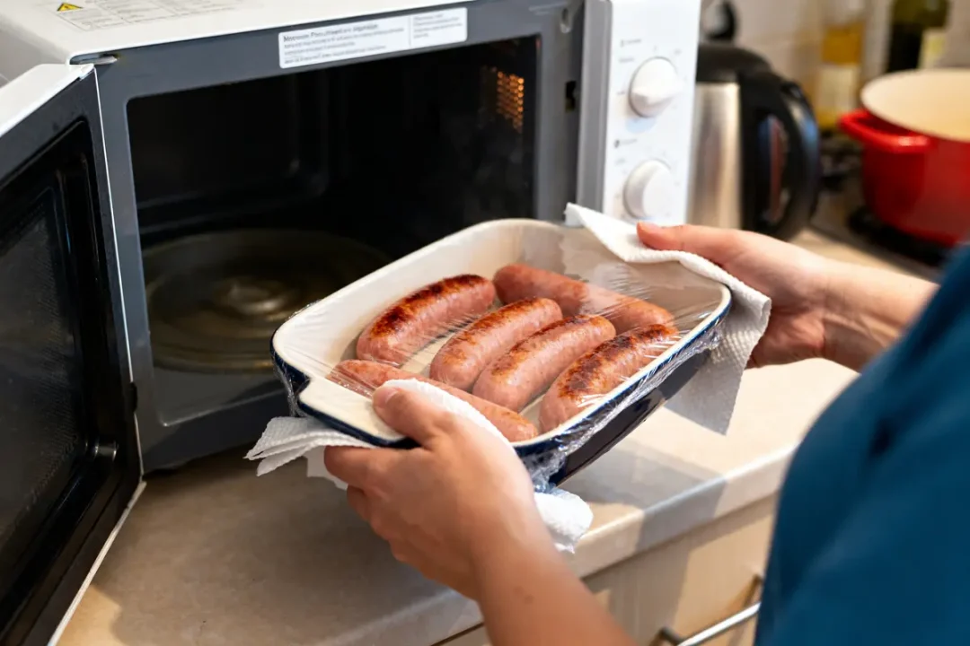 Personne utilisant un micro-ondes pour montrer comment réchauffer des chipolatas rapidement et facilement