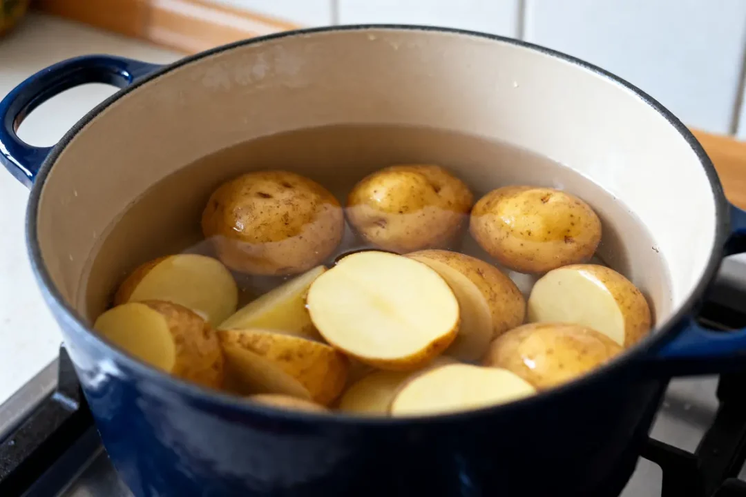 Cocotte avec pommes de terre en tranches, eau pour cuire la pomme de terre efficacement