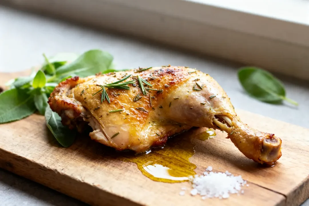 Cuisse de pintade au four avec herbes sur planche en bois sans ponctuation