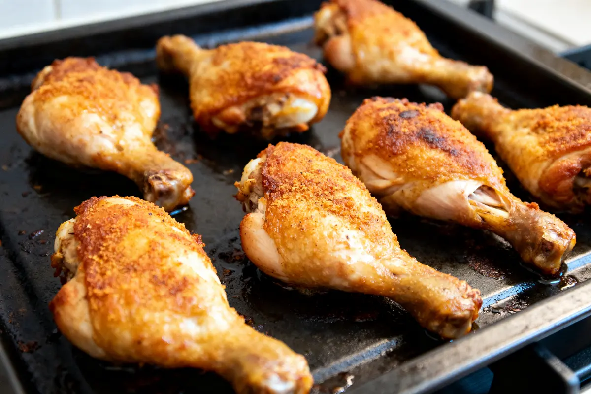 Poulet doré et croustillant sur une plaque de cuisson cuisse de poulet au four