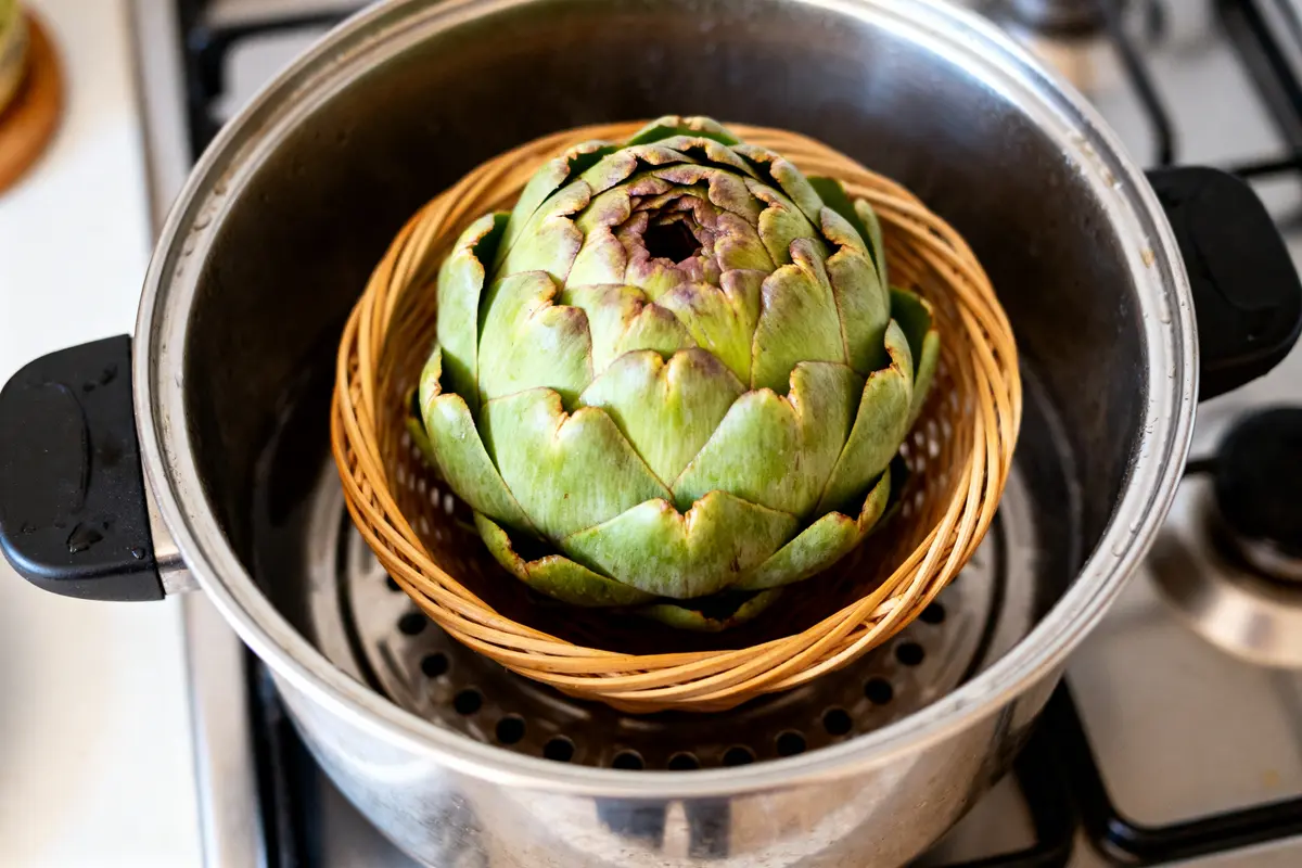 Artichaut dans une cocotte-minute pour cuisson de l’artichaut à la cocotte-minute efficace.