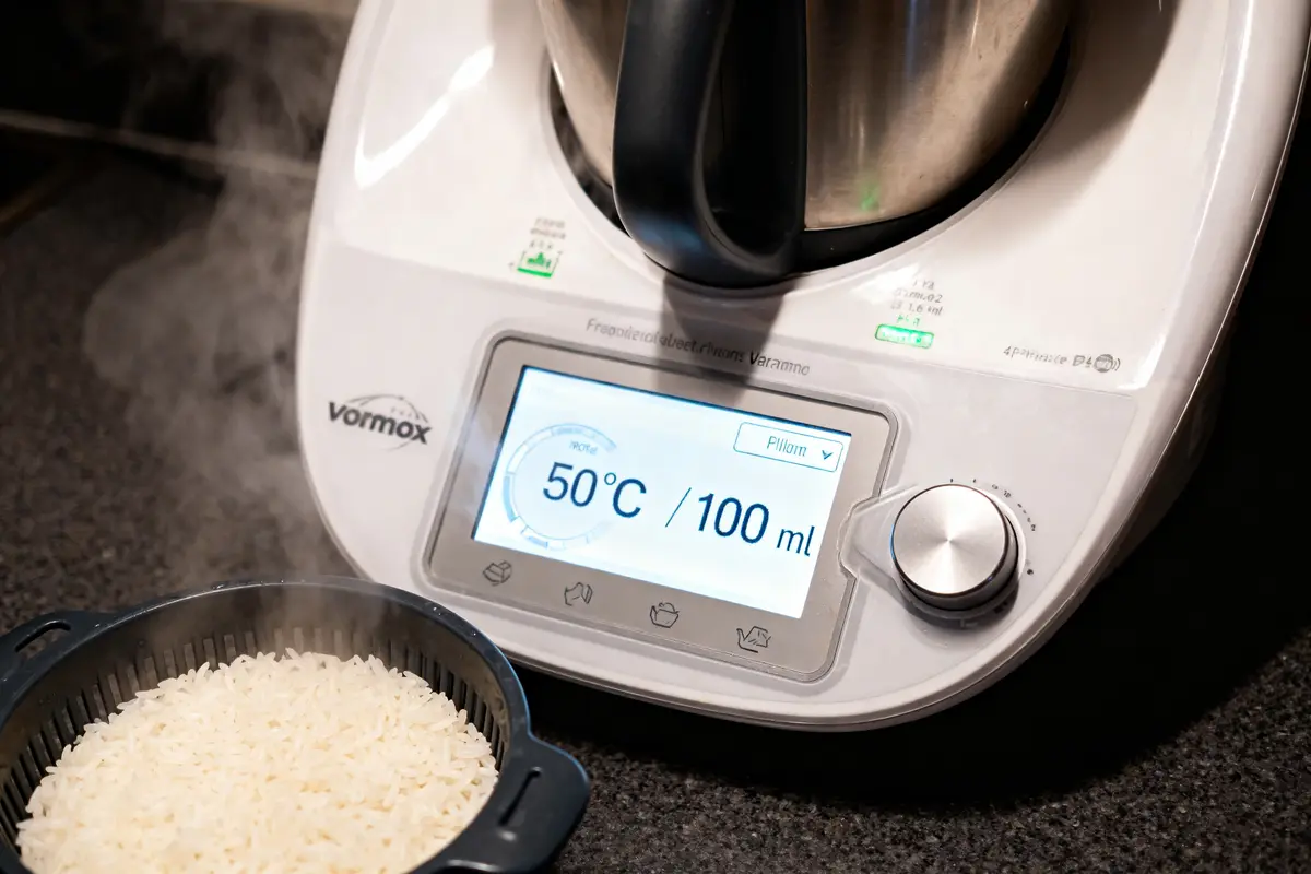 Thermomix en fonctionnement avec riz cuit à 50°C montrant la cuisson du riz au Thermomix