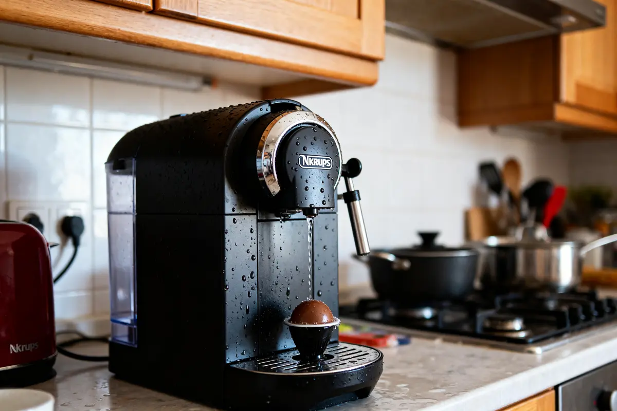 Machine Nespresso Krups en cuisine pendant le détartrage avec eau s'écoulant dans une tasse