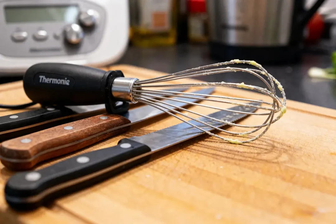 Fouet Thermomix posé sur planche avec trois couteaux de cuisine en arrière-plan