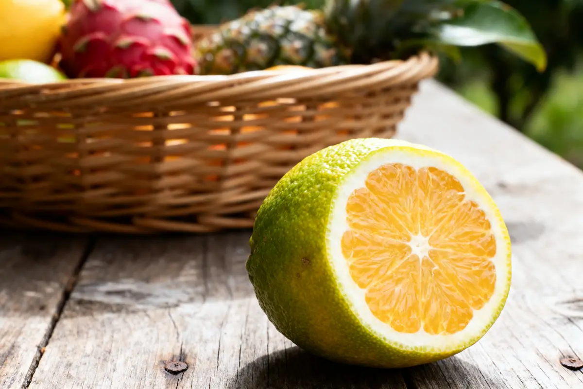 Panier de fruits exotiques avec un demi-citron vert fruit en y en avant-plan