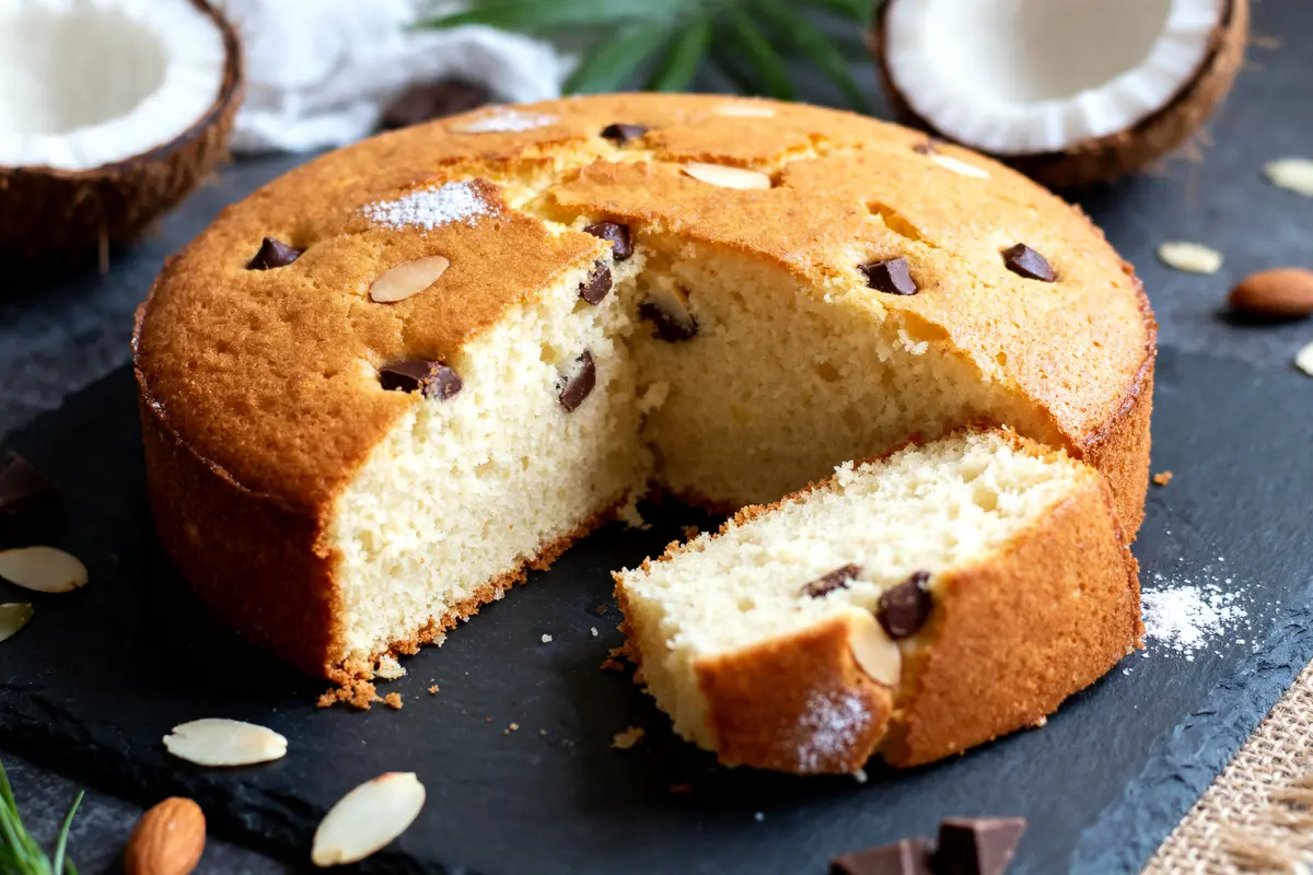 Gâteau au lait de coco moelleux avec copeaux de chocolat et amandes sur planche ardoise