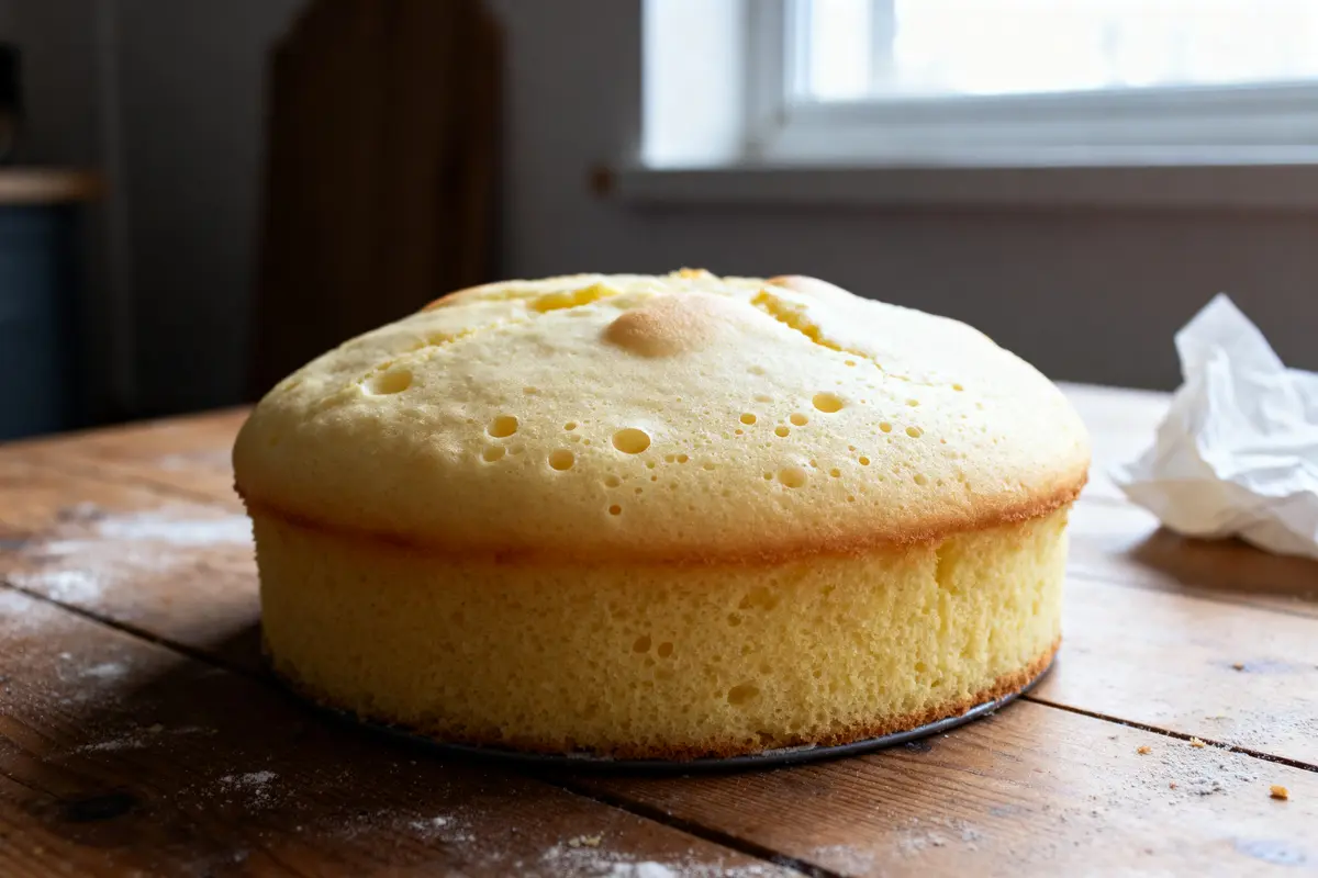 Gâteau bien gonflé et moelleux posé sur une table en bois devant une fenêtre