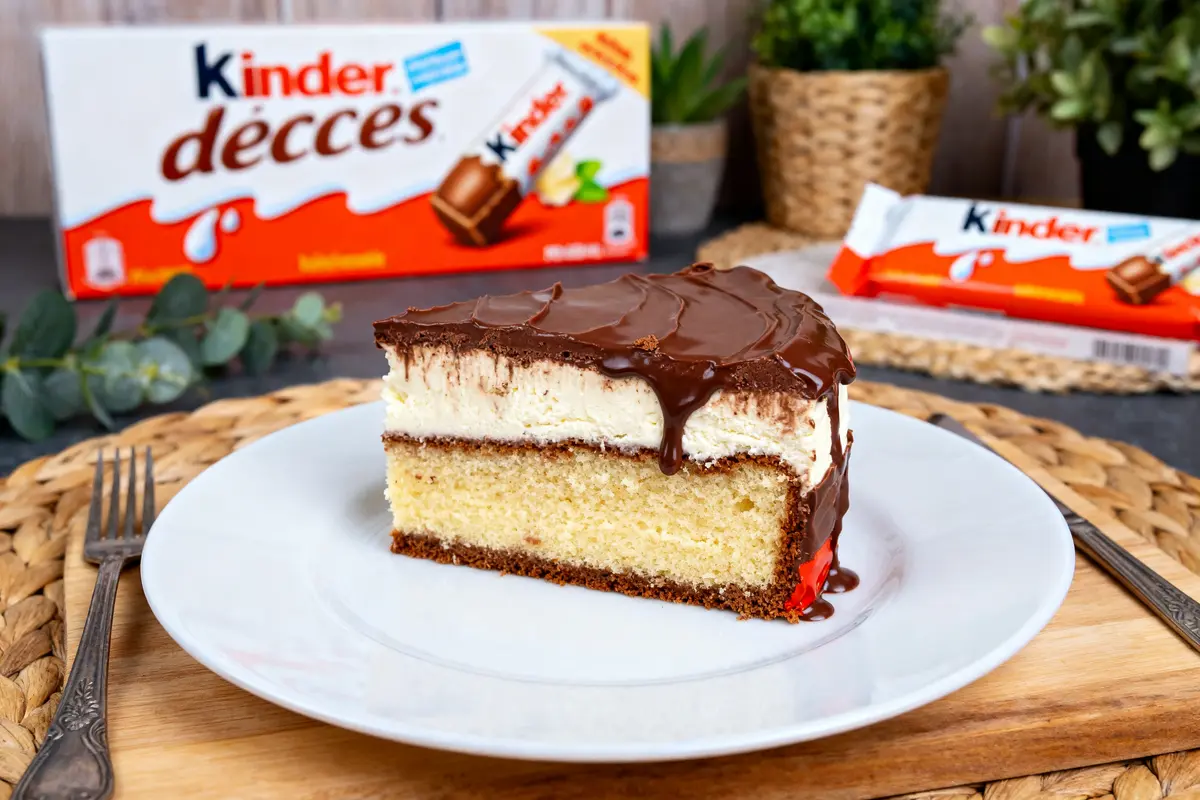 Part de gâteau kinder délice sur assiette blanche avec emballage en arrière-plan