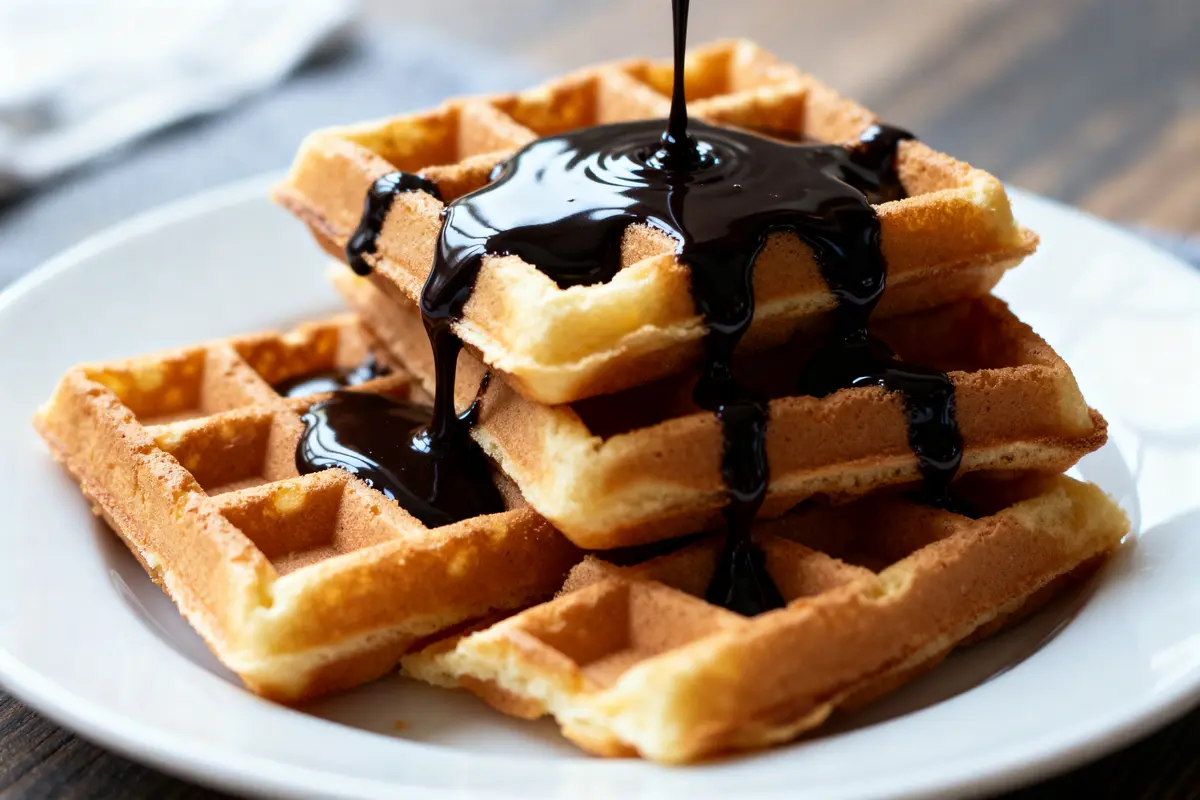 Gaufre au chocolat avec sauce chocolat noir coulant sur une assiette blanche