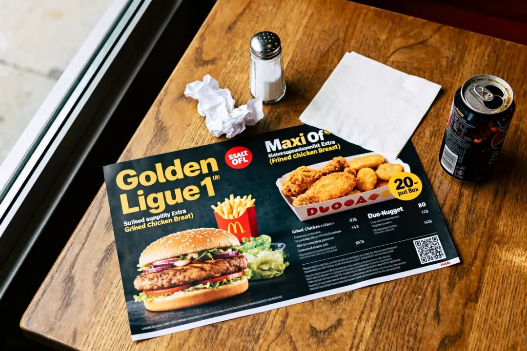Brochure de menu Golden Ligue 1 sur table avec canette, sel et serviette froissée
