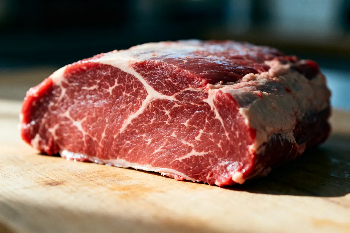 Tranche de merlan de boeuf marbrée sur planche en bois éclairée par le soleil