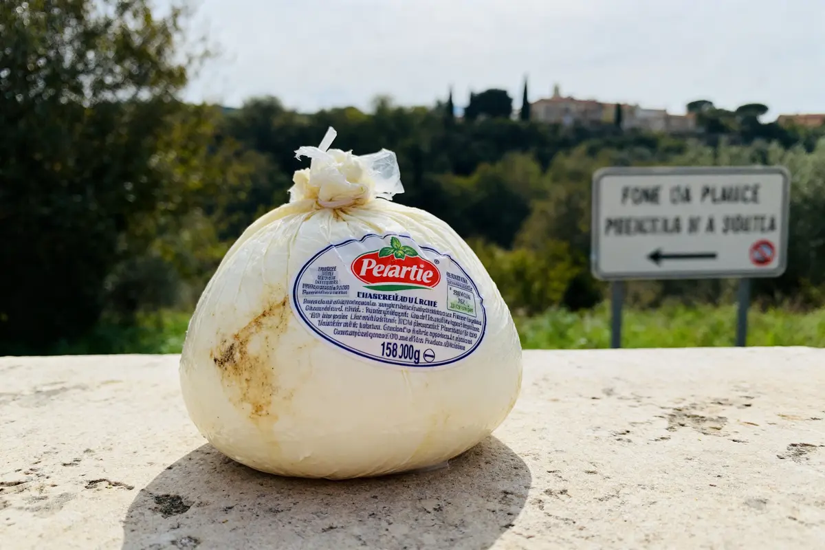 Paquet de mozzarella périmée posé sur un muret en extérieur près d'un panneau routier