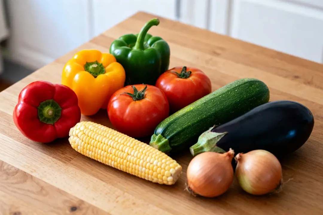 Poivrons, tomates, courgette, aubergine, oignons et maïs sont des légumes avec des encornets