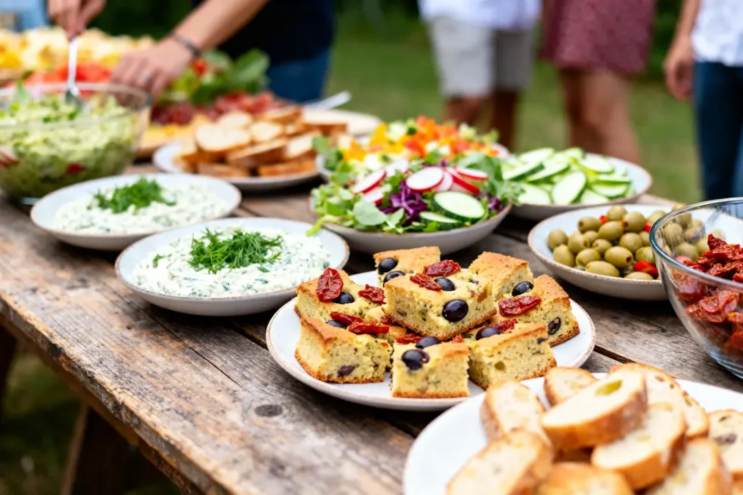Buffet de salade et cakes pour recette d'apéritif froid à préparer d'avance.