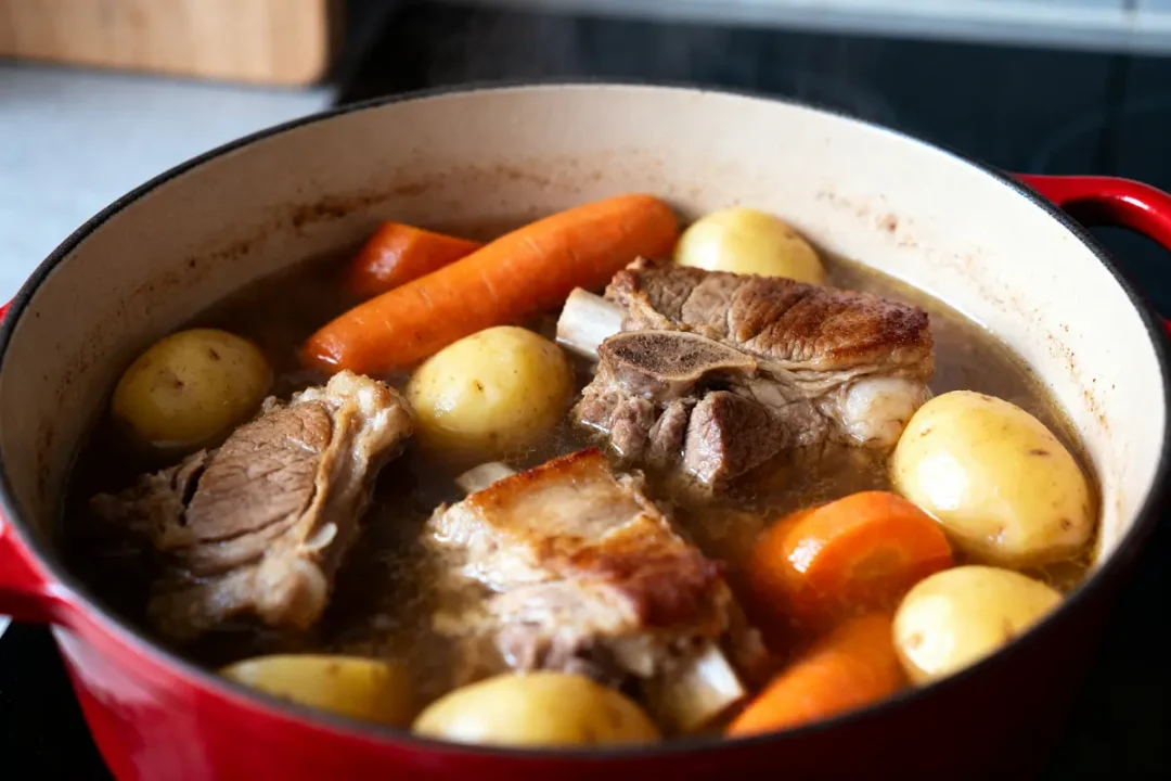 Viande, pommes de terre et carottes mijotent dans une cocotte pour une recette potée savoureuse
