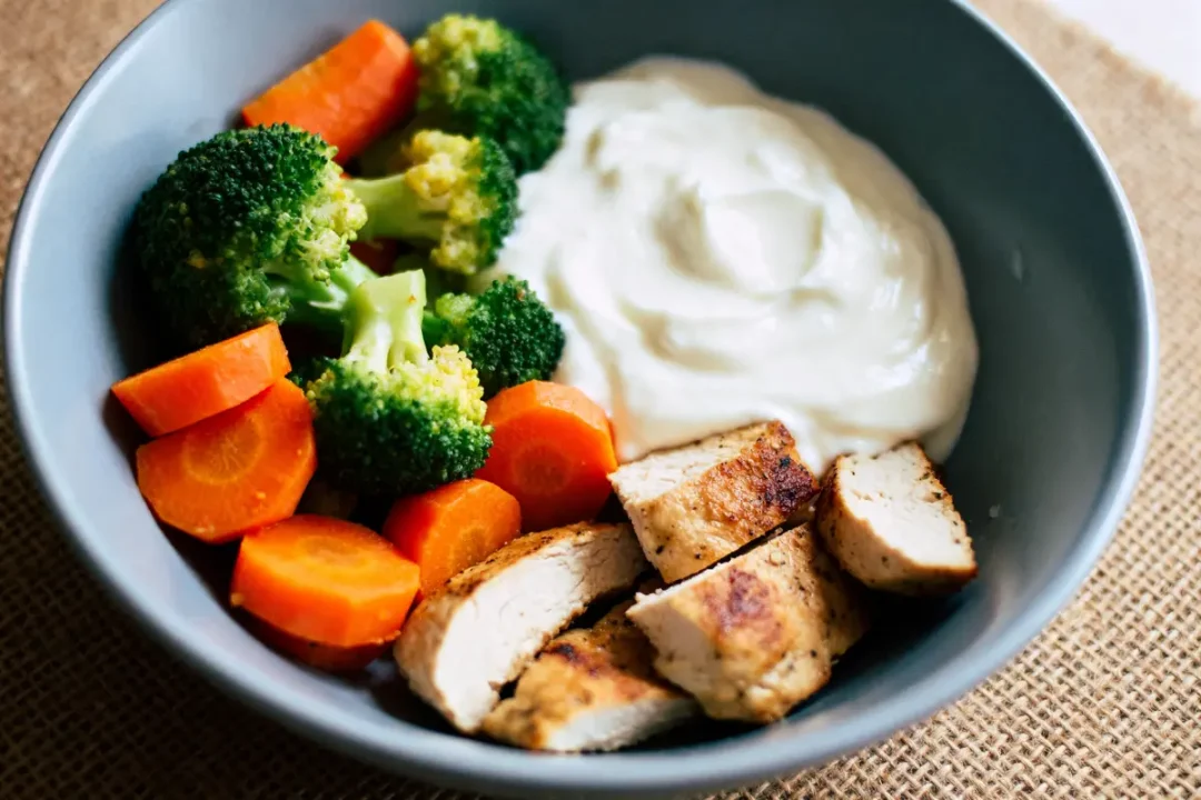 Bol avec légumes, poulet et yaourt pour un régime au yaourt équilibré et sain