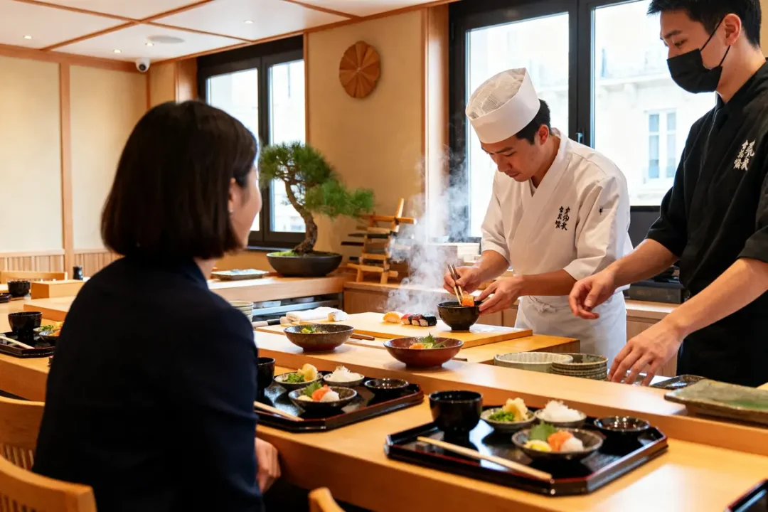 Chef préparant un plat pour une cliente dans un restaurant japonais à Lyon élégant et moderne