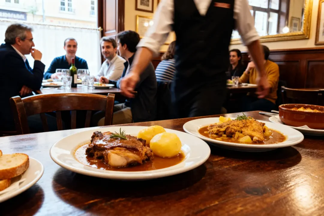 Serveur et plats traditionnels dans un restaurant Vieux Lyon avec des convives en arrière-plan
