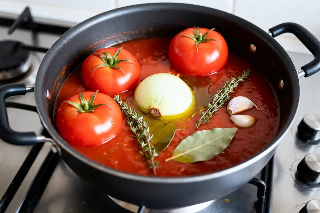 Tomates, oignon, herbes et ail mijotent dans une sauce tomate sur la cuisinière