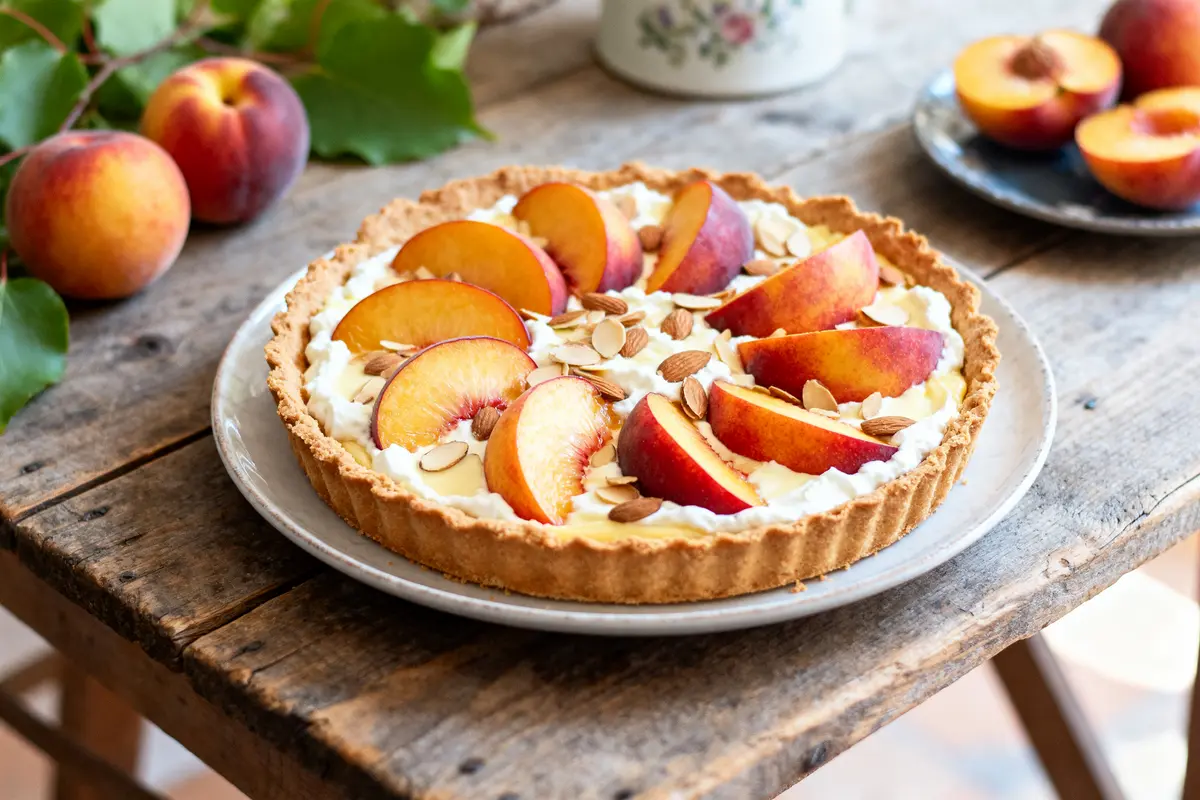 Tarte au pĂŞches de vigne garnie d'amandes sur table en bois rustique