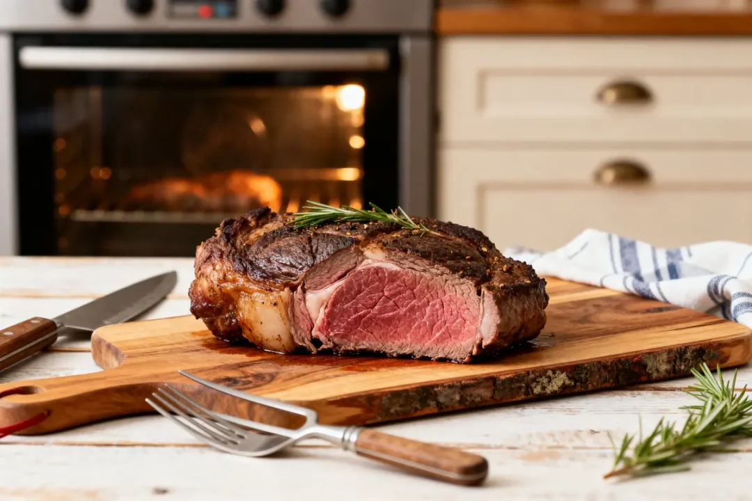 Rôti de boeuf de 1 kg sur planche après temps de cuisson idéal.