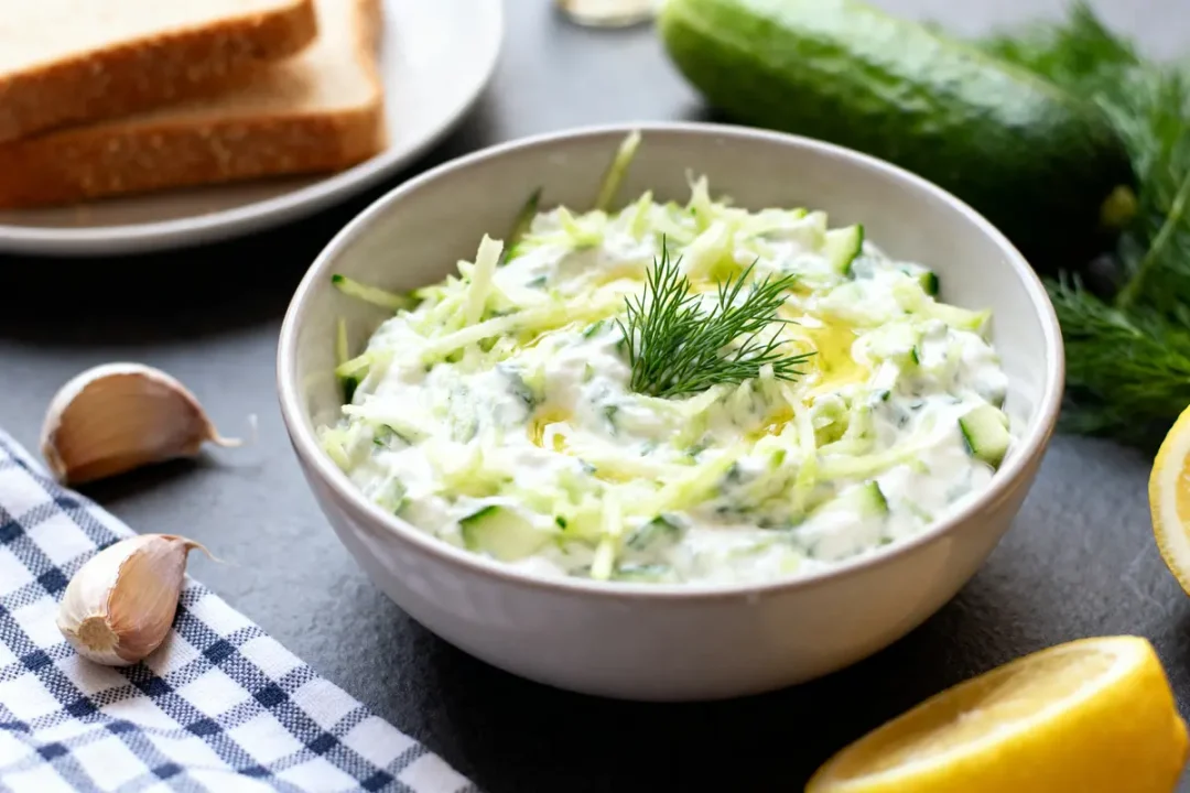 Bol de tzatziki maison Tonbonbon avec concombre, aneth, ail et citron sur table noire