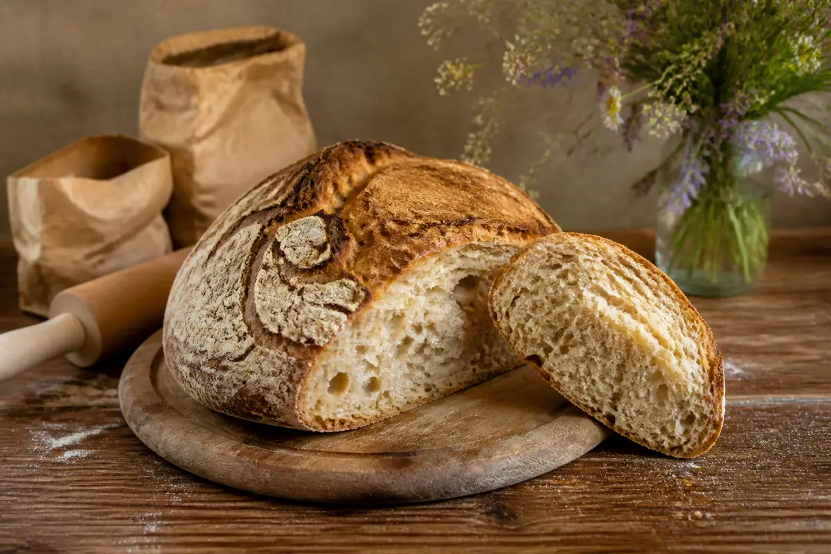 Pain artisanal sur planche en bois avec fleurs et ingrédients du site maviehealthy.com